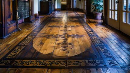 hand-laid wooden floor in a Craftsman home, featuring a unique inlay design and a durable finish