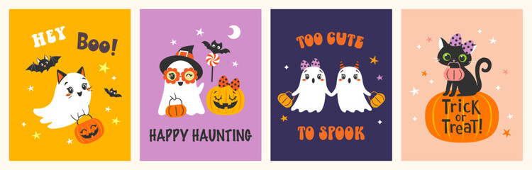 Set of cute colorful Halloween designs in cartoon flat style. Vector templates for greeting cards, paper treating bags, packaging; banners, invitations