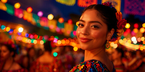 Mujer vestida con traje bordado en fiesta mexicana por la noche.  Celebracion de días patrios, día de la independecnia mexicana o 5 de mayo