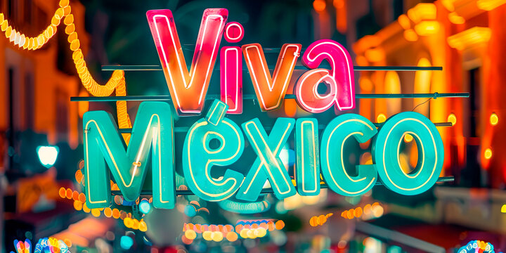 Letrero con colores vibrantes con al frase "Viva M&eacute;xico" como decoraci&oacute;n a fiestas patrias mexicanas