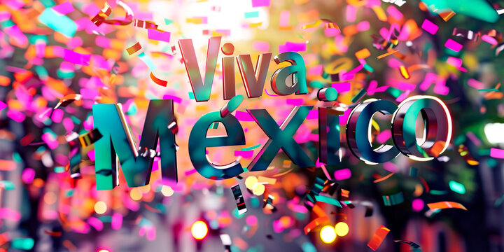 Letrero con la fras "Viva M&eacute;xico" en letras 3D verde met&eacute;lico, con confeti colorido. Para celebrar d&iacute;as patrioticos, 5 de Mayo o D&iacute;a de la Independencia, 