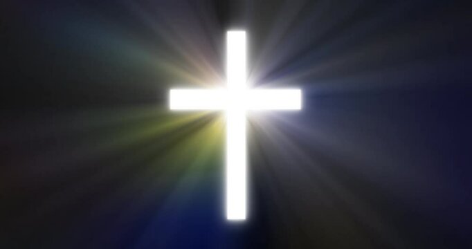 Shine, light and cross on dark background for religion, christian faith and worship for Jesus christ, god and the holy spirit. Heaven, trust and symbol for belief, praise and christianity for lord