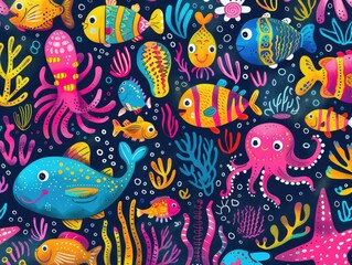 Fototapeta premium Playful Underwater Doodle Animals - Colorful Hand-Drawn Fish, Octopus, and Crabs in Whimsical Style, Generative Ai