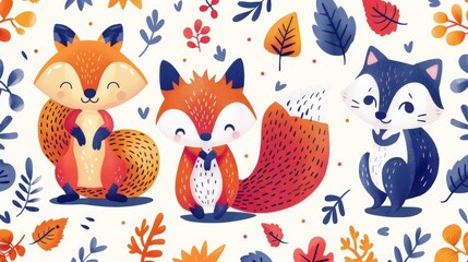 Enchanting Whimsical Forest Creatures Doodle Style with Foxes, Hedgehogs, and Squirrels in Vibrant Colors and Simple Lines for Fun Designs, Generative Ai