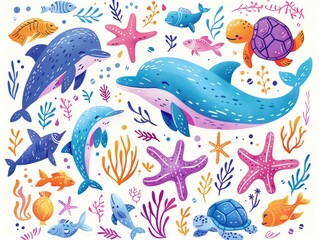Obraz premium Playful Hand-Drawn Doodle of Adorable Underwater Creatures - Dolphins, Starfish, Turtles | Colorful and Vibrant Design, Generative Ai