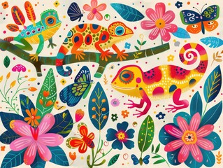 Playful Rainforest Creatures Doodle Art - Colorful Hand-Drawn Animals Including Chameleons, Frogs, and Butterflies in Vibrant Style, Generative Ai