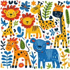 Obraz premium Playful Savanna Animals Doodle - Vibrant Hand-drawn Illustration of Lions, Giraffes, Zebras in Simple Lines and Bright Colors, Generative Ai