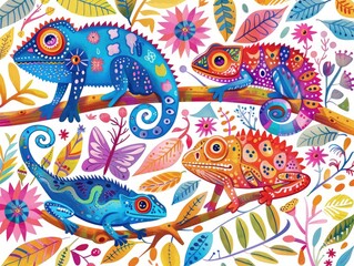 Whimsical Doodle Art of Playful Rainforest Creatures - Chameleons, Frogs, and Butterflies in Vibrant Colors and Simple Lines, Generative Ai