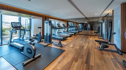 Fototapeta premium State-of-the-art hotel gym for your in-room fitness routine. Cardio machines, weight training equipment, and free weights available.