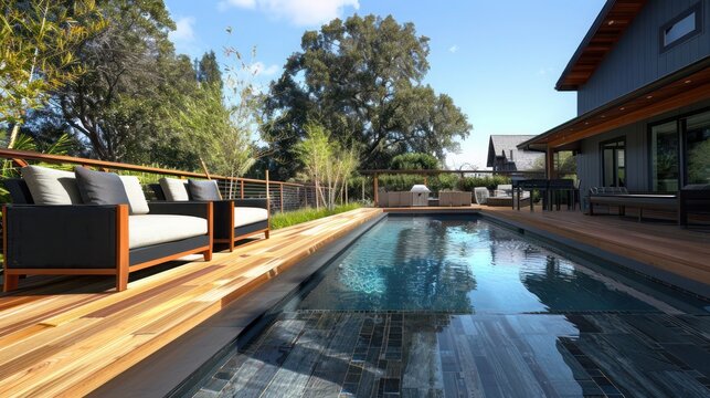 handcrafted wooden Craftsman-style pool deck, featuring integrated seating and a custom railing for safety and style