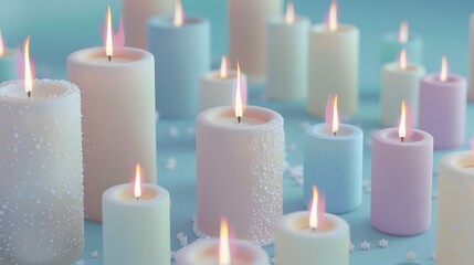 3D render of Christmas candles with pastel-colored flames on a pastel blue background. very detailed