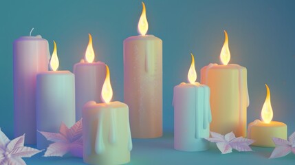 3D render of Christmas candles with pastel-colored flames on a pastel blue background. very detailed
