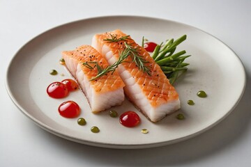 an image from above showing raw cod fillets on a plate, positioned elegantly with a touch of garnish