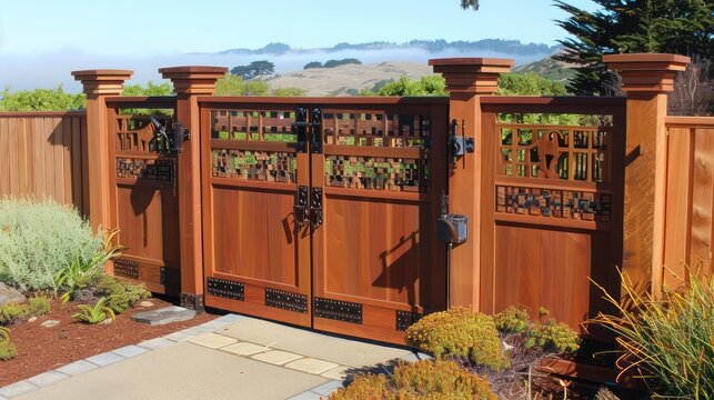 handcrafted wooden Craftsman-style garden fence with personalized gate, featuring unique woodworking and a secure latch for garden security and aesthetic appeal