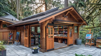 handcrafted wooden Craftsman-style outdoor art studio, featuring skylights and ample storage for art supplies, providing a creative retreat