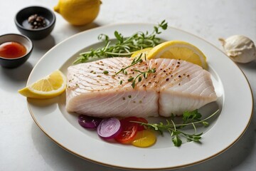 an overhead shot of a plate with raw halibut steaks, laid out neatly with a few lemon slices