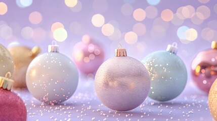 Fototapeta premium 3D render of Christmas ornaments in pastel colors on a pastel purple background. very detailed