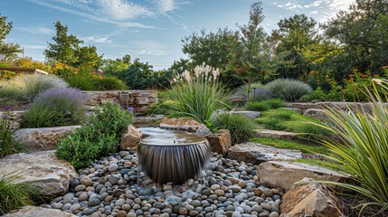 Fototapeta premium Serene Backyard Garden with Water Feature and Lush Greenery Under a Clear Blue Sky