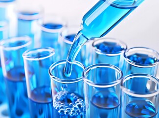 Blue liquid being poured into test tubes in a laboratory in a closeup shot against 