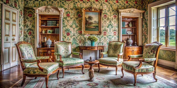 Elegant 19th-century English countryside estate interior with four ornate empty chairs, intricate wallpaper, and lavish furnishings, evoking the refined lives of literary heritage sisters.