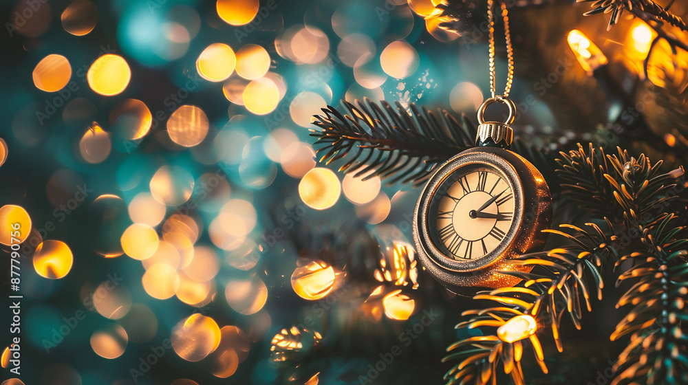 Wall mural christmas and new year background with vintage clock and bokeh lights