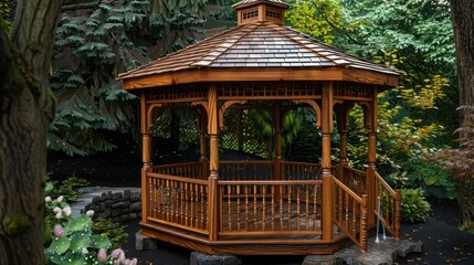 handcrafted wooden gazebo in a Craftsman garden, featuring detailed balusters and a shingled roof