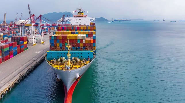 Cargo ship being loaded at a busy port, trade, planning, global freight