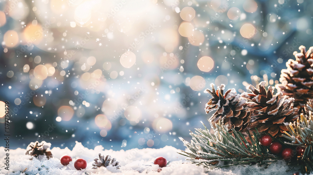 Wall mural christmas background with fir branches and pine cones on snow with bokeh effect