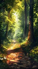 Obraz premium Sunlit Forest Path with Lush Greenery and Dappled Light Creating a Serene and Tranquil Atmosphere