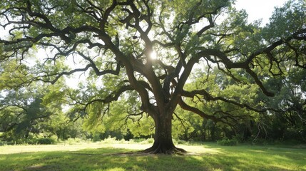 Obraz premium Majestic Oak Tree with Sunlight Filtering Through Branches in a Lush Green Meadow