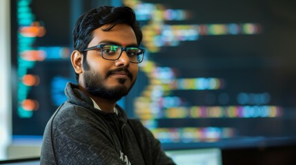 Obraz premium Indian software developer presenting code on screen, tech integration. Human expertise and technology in software development.