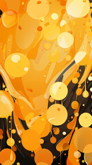 Orange Drops of Paint, Water, Liquid on Yellow Background, Abstract Image, Texture, Pattern Background, Wallpaper, Cover and Screen of Mobile, Smartphone, Computer, Laptop, Format 9:16 and 16:9