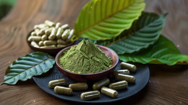 A still life arrangement featuring Kratom powder, fresh green leaves, and capsules. Alternative medicinal use of Kratom, a tropical tree, often used in traditional medicine.