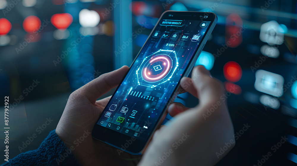 Poster cybersecurity and privacy concepts to protect data. businessman use smartphone with cyber security t