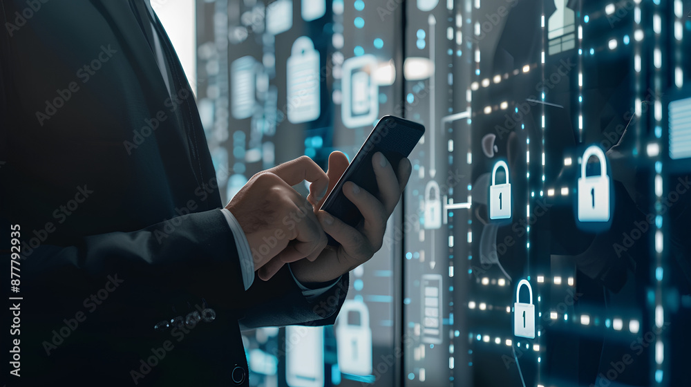 Poster cybersecurity and privacy concepts to protect data. businessman use smartphone with cyber security t