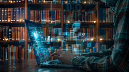 E-library concept. Person use laptop with virtual E-book icons for electronic books online, knowledge base on internet, digital library or e-library