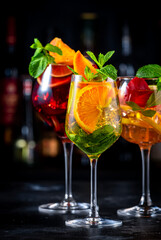 Summer sangria cocktails with spanish wine, fruits, citrus and ice. Black background