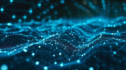 Obraz premium A glowing web of blue-toned dots and lines forming a digital network pattern