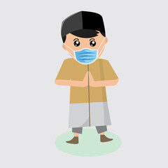 Cute muslim boy wearing face mask vector image.
