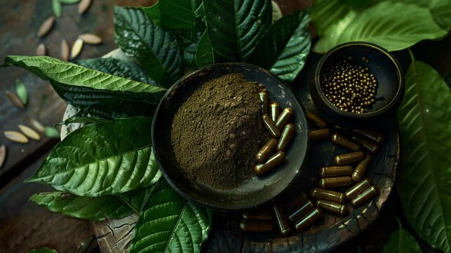 A still life arrangement featuring Kratom powder, fresh green leaves, and capsules. Alternative medicinal use of Kratom, a tropical tree, often used in traditional medicine.