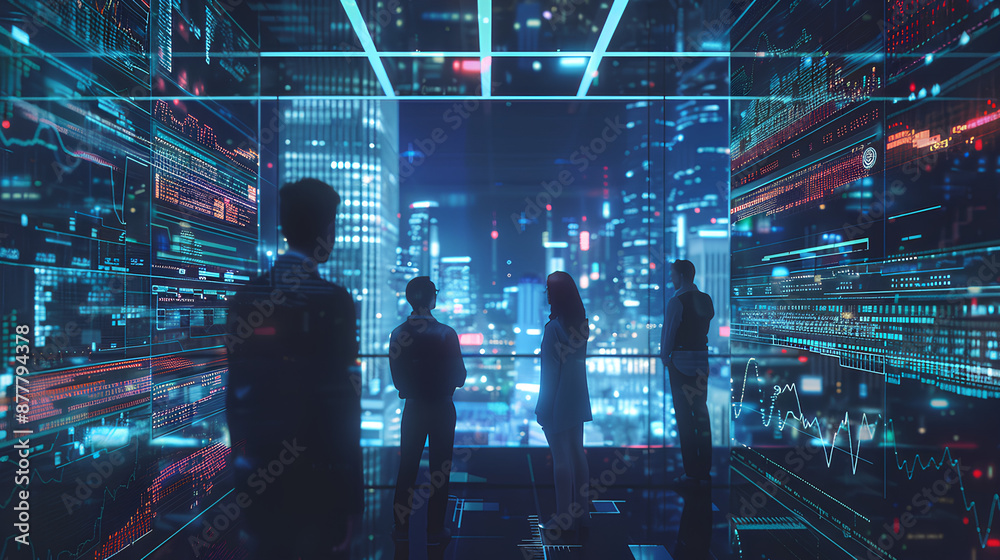 Wall mural futuristic technology concept. team of artificial intelligence software engineers and finance worker