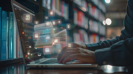 E-library concept. Person use laptop with virtual E-book icons for electronic books online, knowledge base on internet, digital library or e-library
