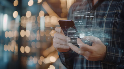 Invoice and online digital statements concept. Businessman using smartphone with invoice icons on virtual screen