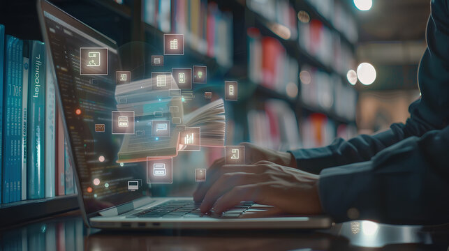 E-library concept. Person use laptop with virtual E-book icons for electronic books online, knowledge base on internet, digital library or e-library