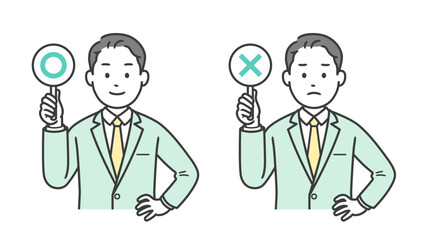 まるとばつの札を持ち腰に手を当てるビジネスマン男性の上半身イラスト素材
