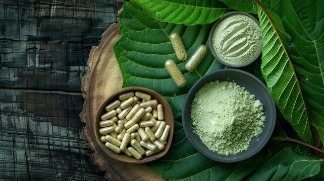 A still life arrangement featuring Kratom powder, fresh green leaves, and capsules. Alternative medicinal use of Kratom, a tropical tree, often used in traditional medicine.