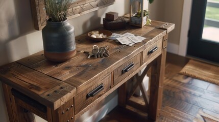 wooden Craftsman-style hallway table with custom drawers and a rustic finish, ideal for storing keys and mail in an entryway