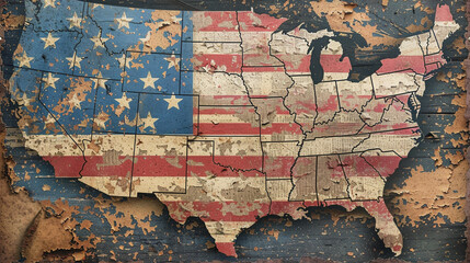 map of the usa, american flag as a symbol, old country with many cracks and it's run down