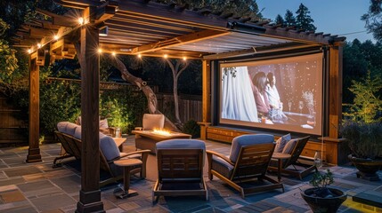 wooden Craftsman-style outdoor projector screen frame, designed for movie nights under the stars, featuring a retractable screen and weather-resistant materials
