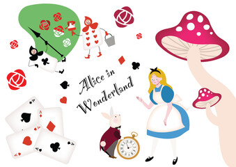 可愛い不思議の国のアリスのトランプの兵隊　ウサギと懐中時計　キノコ　バラ　アリスの挿絵イラストセット